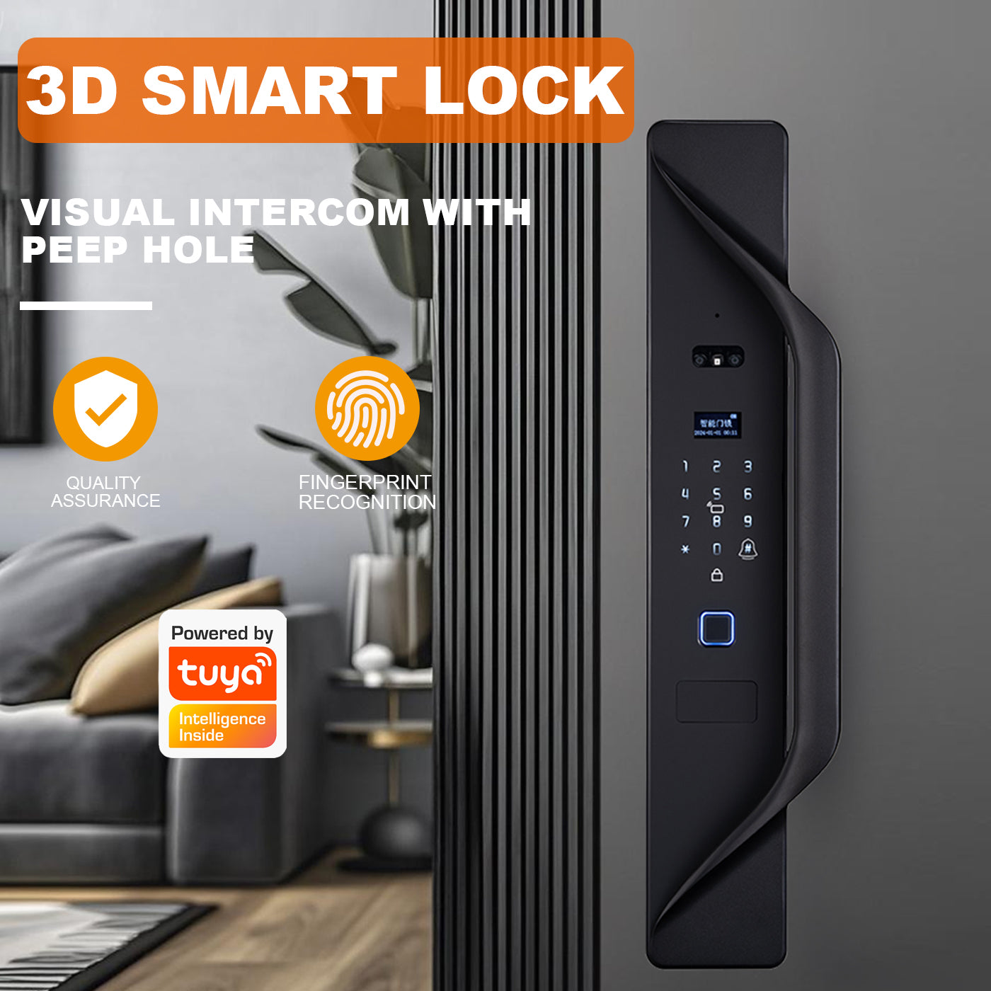Kunci Pintu Digital Tuya, kunci pintar multibahasa, interkom video keamanan 3D, kunci pintar WiFi tanpa kunci dengan sidik jari dan pengenalan wajah