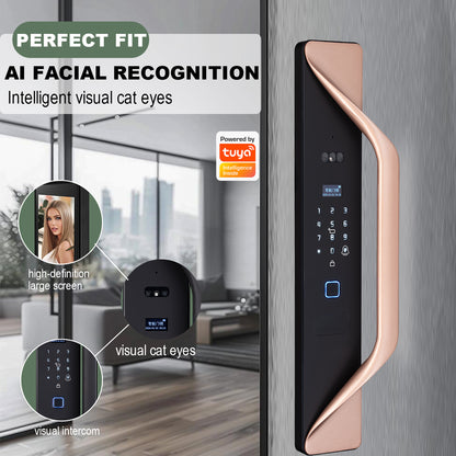 Kunci Pintu Digital Tuya, kunci pintar multibahasa, interkom video keamanan 3D, kunci pintar WiFi tanpa kunci dengan sidik jari dan pengenalan wajah