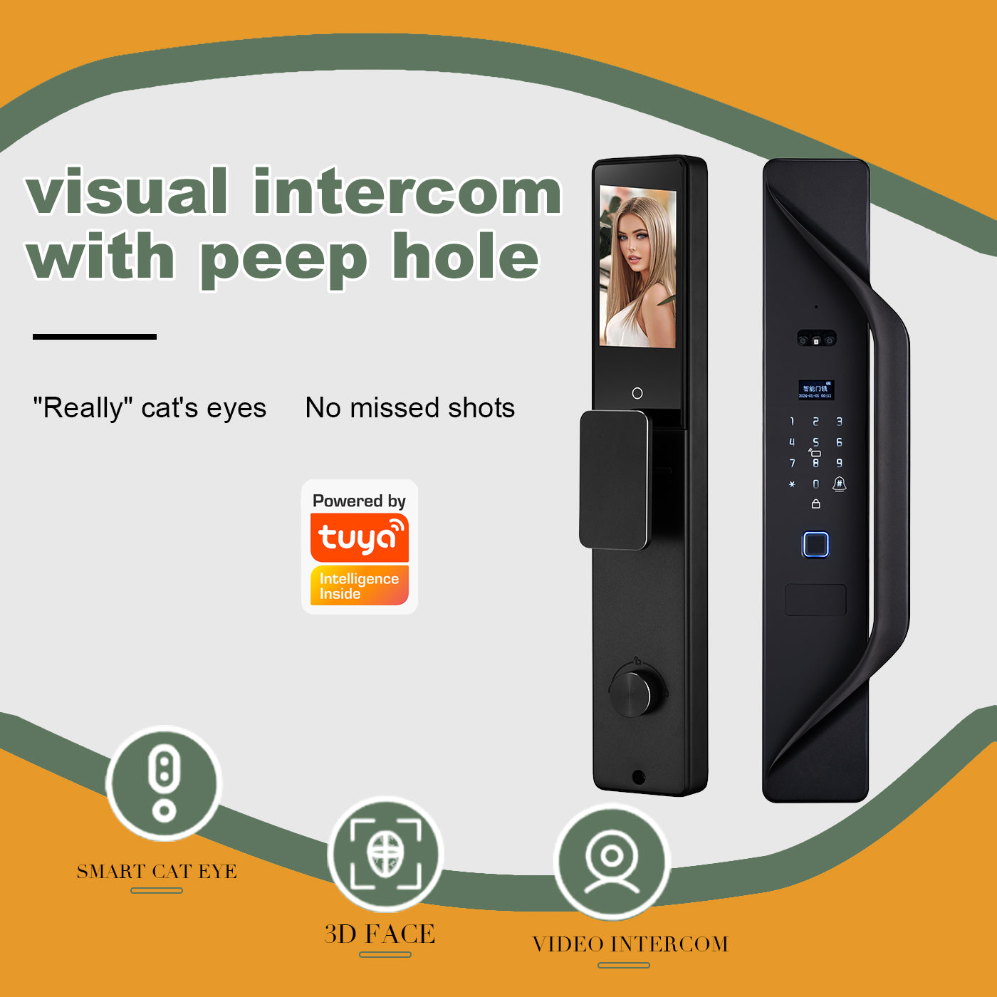 Kunci Pintu Digital Tuya, kunci pintar multibahasa, interkom video keamanan 3D, kunci pintar WiFi tanpa kunci dengan sidik jari dan pengenalan wajah