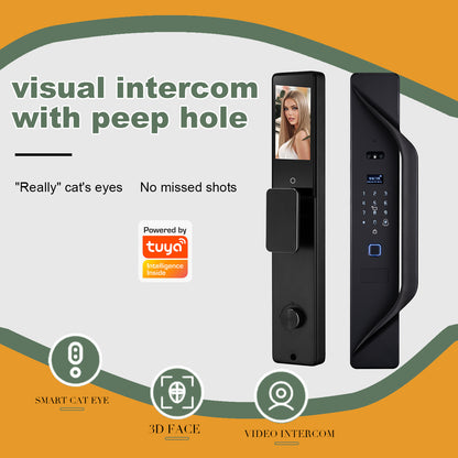 Kunci Pintu Digital Tuya, kunci pintar multibahasa, interkom video keamanan 3D, kunci pintar WiFi tanpa kunci dengan sidik jari dan pengenalan wajah
