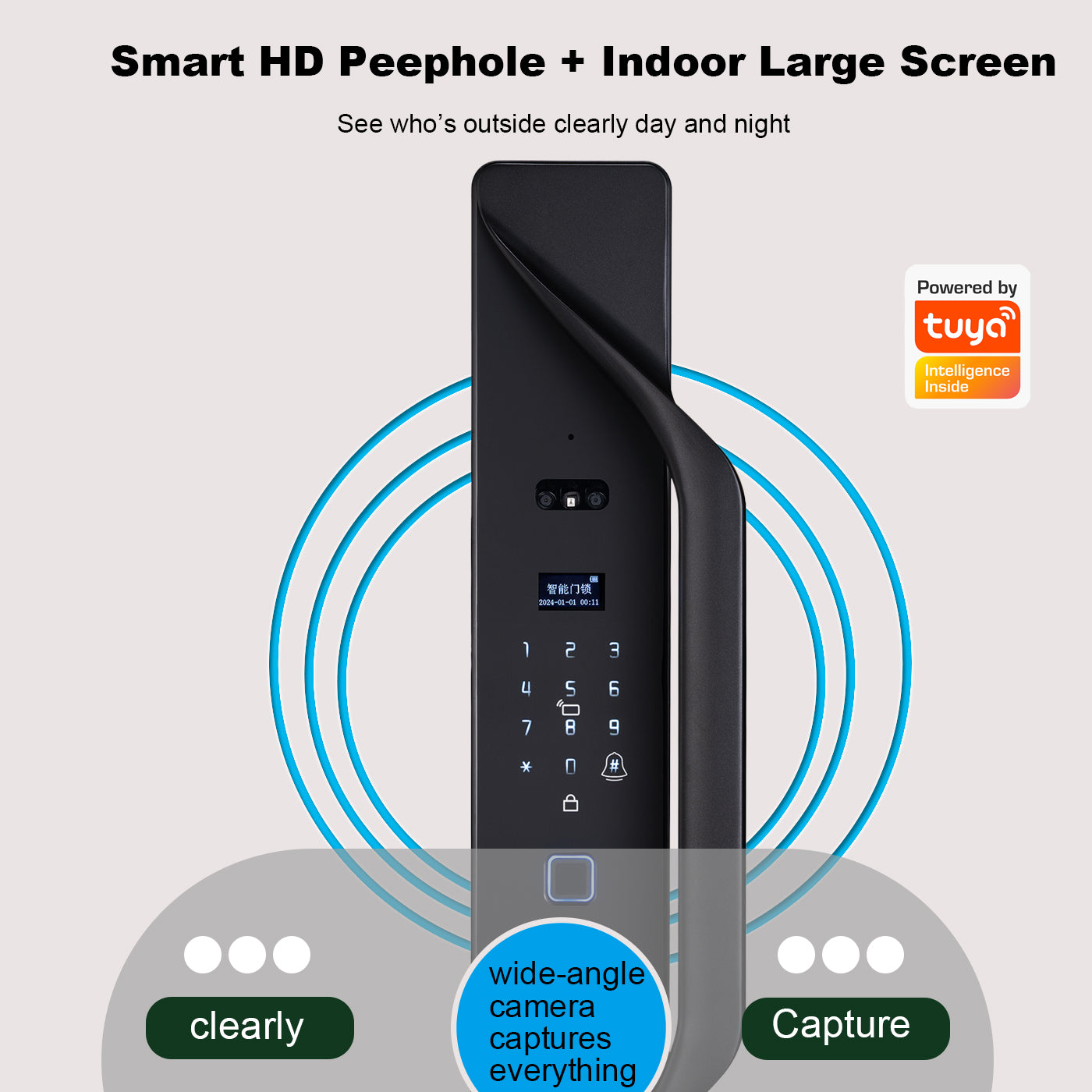 Kunci Pintu Digital Tuya, kunci pintar multibahasa, interkom video keamanan 3D, kunci pintar WiFi tanpa kunci dengan sidik jari dan pengenalan wajah