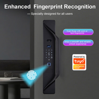 Kunci Pintu Digital Tuya, kunci pintar multibahasa, interkom video keamanan 3D, kunci pintar WiFi tanpa kunci dengan sidik jari dan pengenalan wajah