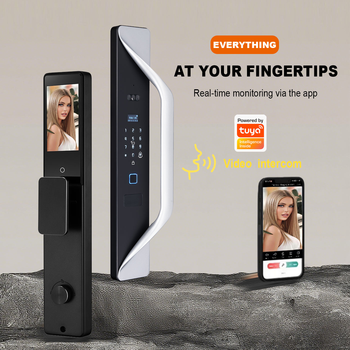 Kunci Pintu Digital Tuya, kunci pintar multibahasa, interkom video keamanan 3D, kunci pintar WiFi tanpa kunci dengan sidik jari dan pengenalan wajah