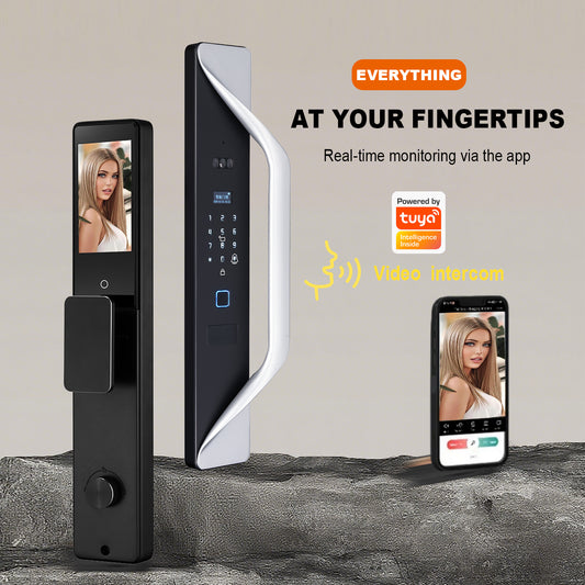 Kunci Pintu Digital Tuya, kunci pintar multibahasa, interkom video keamanan 3D, kunci pintar WiFi tanpa kunci dengan sidik jari dan pengenalan wajah