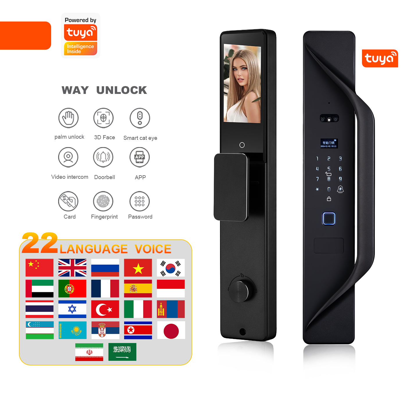 Kunci Pintu Digital Tuya, kunci pintar multibahasa, interkom video keamanan 3D, kunci pintar WiFi tanpa kunci dengan sidik jari dan pengenalan wajah